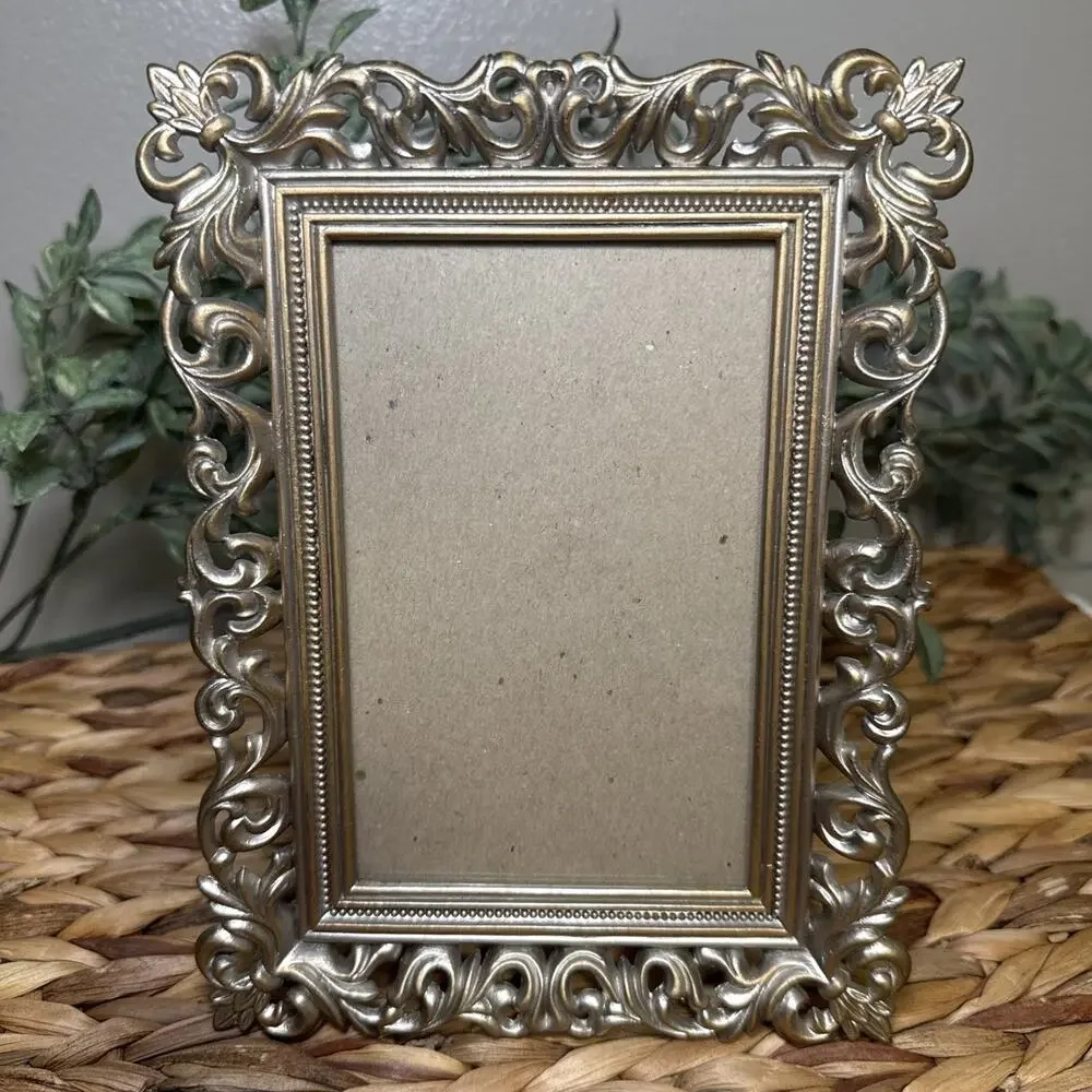 Burnes of Boston Ornate Metal 4x6 Picture Frame Gold Tone Scroll Easel Vintage
